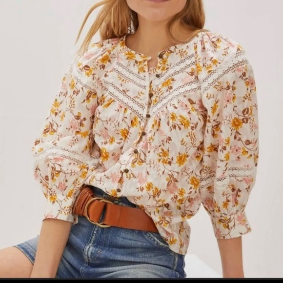Anthropologie Tops - Anthropologie size M harmony lace floral peasant blouse cottage core top medium